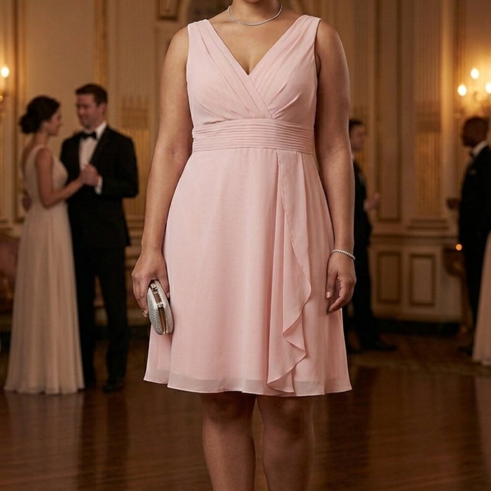 Pastel Pink Baby Doll Vneck Chiffon Dress Plus Size XL Wedding Graduation Fairy